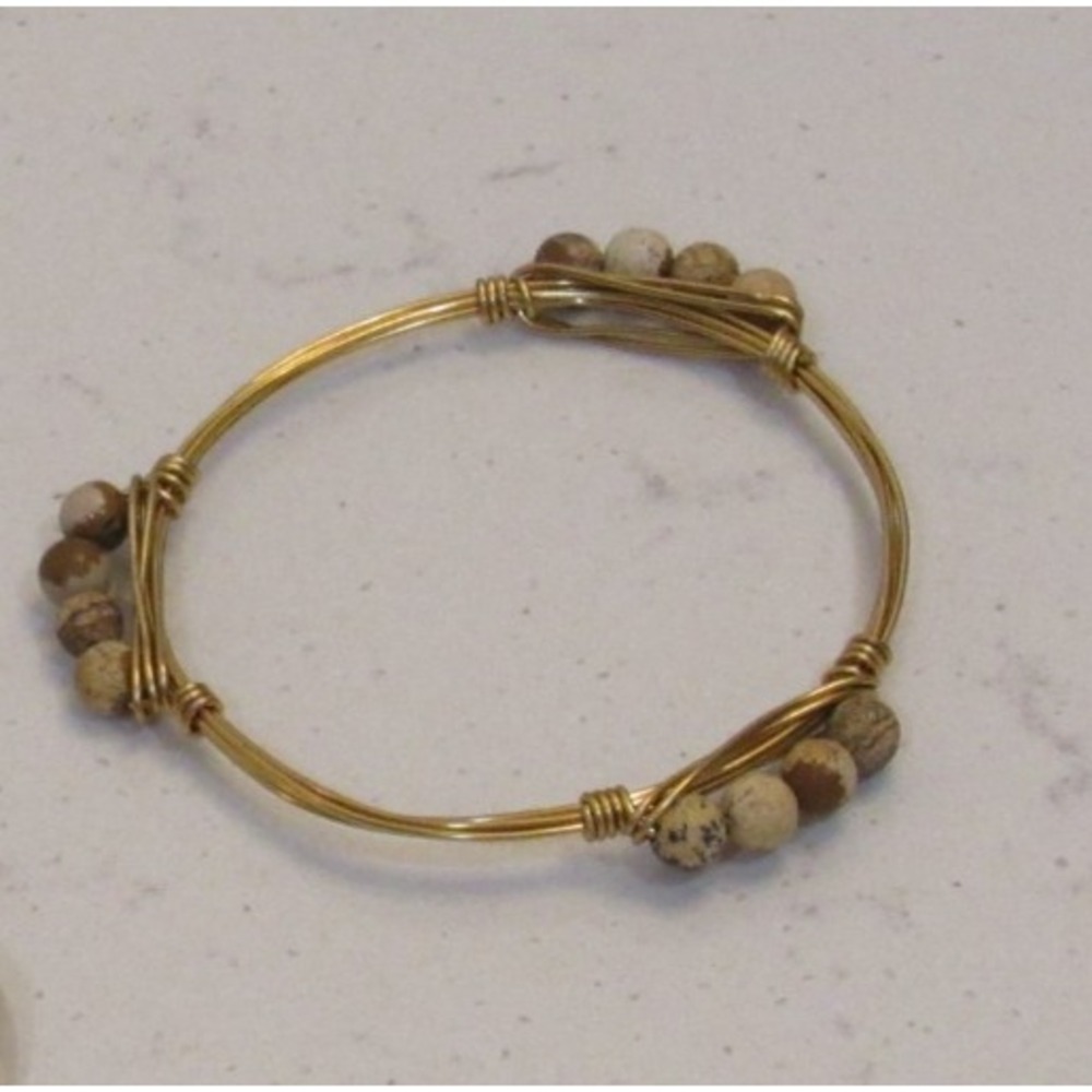 Gold Tone Wire Wrapped Bead Bangle Bracelet Handmade Earthy Boho Chic 7 Inch